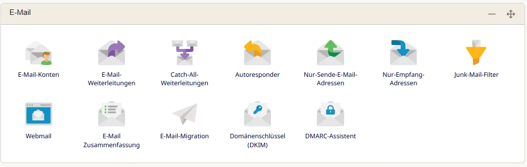 Die Gruppe E-Mail im Cpanel mit den Symbolen E-Mail-Konten, E-Mail-Weiterleitungen, Catch-All-Weiterleitungen, Autoresponder, Nur-Sende-Adressen, Nur-Empfang-Adressen, Junk-Mail-Filter, Webmail, E-Mail-Zusammenfassung, E-Mail-Migration, Domänenschlüssel und DMARC-Assistent