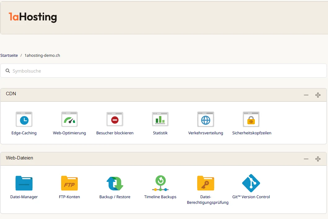 Das Cpanel nach der Anmeldung: oben der Balken mit dem 1aHosting-Logo, darunter eine Suche nach Symbolen, dann die Gruppe CDN mit Edge-Caching, Web-Optimierung, Besucher blockieren, Statistik, Verkehrsverteilung und Sicherheitskopfzeilen, darunter die Gruppe Web-Dateien mit Datei-Manager, FTP-Konten, Backup, Timeline Backups, Datei-Berechtigungspruefung und Git