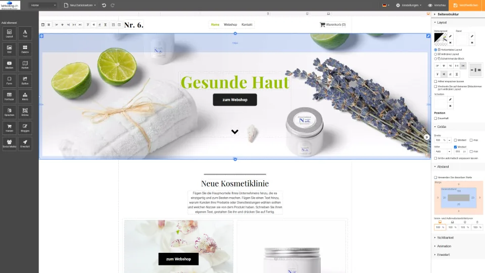 Die Bearbeitungsansicht des WebsiteBuilders: links die Werkzeugleiste mit Layout, Text, Bild, Galerie und weiteren Elementen, in der Mitte die Seite, rechts die Einstellungen zur Seitenstruktur